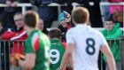 Mayo’s Aidan O’Shea is shown a black card by referee Rory Hickey during last weekends Allianz Football League Division 1 clash at St Conleth’s Park, Newbridge. Photograph: Cathal Noonan/Inpho