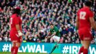 Jonathan Sexton kicks a penalty during Ireland’s Six Nations victory over Wales at the Aviva on Saturday. The outhalf pointed out some key moments that were central to the result going in Ireland’s favour. Photograph: Aidan Crawley/EPA