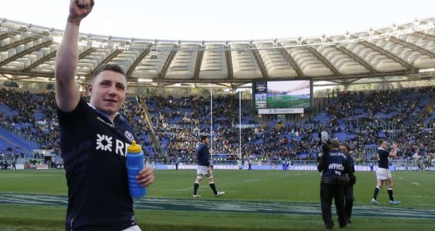 Scotland’s Duncan Weir celebrates after his last-minute drop goal secured victory over Italy in their Six Nations clash at the Olympic Stadium in Rome. Photograph:  Giampiero Sposito/Reuters 