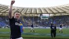 Scotland’s Duncan Weir celebrates after his last-minute drop goal secured victory over Italy in their Six Nations clash at the Olympic Stadium in Rome. Photograph:  Giampiero Sposito/Reuters 