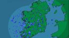 A radar image showing rainfall over Ireland at 4pm today. Image: Met Éireann 