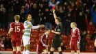 Celtic’s Virgil van Dijk is sent off during the  match at Pittodrie. Photograph: Kenny Smith/PA Wire. 