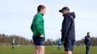 Paddy Jackson speaking with head coach Joe Schmidt during Ireland training this morning. Photograph: Dan Sheridan/Inpho