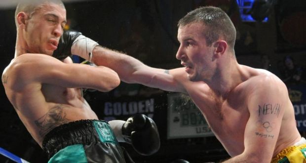Ireland’s John Joe Nevin in action on his professional debut against Puerto Rico’s  Albert Candalaria at the  House of Blues in  Boston on St Patrick’s Day. Photograph:   Emily Harney/Inpho