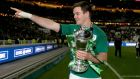 Ireland outhalf Johnny Sexton acknowledges the crowd as he celebrates the Six Nations title win at the Stade de France on Saturday night. Photograph:  Dan Sheridan/Inpho