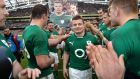 ‘ “Getting hurt? You recover from it. And the pain does subside and I don’t know, in a really perverted way, legally inflicting pain on someone else gives you a thrill,” Brian O’Driscoll  said jokingly, according to Gerry Thornley.’ Above, O’Driscoll is applauded by his team mates at the Six Nations game against Italy at the Aviva Stadium, Dublin. Photograph: Dara Mac Dónaill 