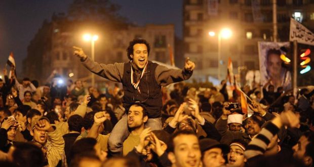 Egyptians celebrate on Tahrir Square in Cairo after the overthrow of president Hosni Mubarak in 2011. Those behind that revolution, however, say its goals have never been fulfilled. Photograph: Dylan Martinez/Reuters