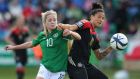 Denise O’Sullivan of Ireland is challenging Dzsenifer Marozsan of Germany   at Tallaght Stadium. Photograph:  Lorraine O’Sullivan/Bongarts/Getty Images