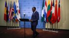 Central African Republic’s foreign minister Toussaint Kongo Doudou arrives to the podium to speak with the media after voting on a resolution approving UN peacekeepers for the Central African Republic, at UN headquarters in New York. Photograph: Eduardo Munoz/Reuters