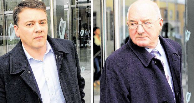 Pat Whelan, former director of Anglo Irish Bank, and Willie McAteer, former director of finance, leave Dublin Circuit Criminal Court after yesterday’s guilty verdicts. Photograph: Eric Luke