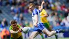  Monaghan’s Kieran Hughes’ shot is blocked by Luke Keaney of Donegal. Photograph: Inpho  