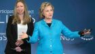 Everywhere you look, the Clintons rule: Chelsea Clinton and former US secretary of state Hillary Clinton take part in a No Ceilings Conversation at Lower Eastside Girls’ Club in New York. Photograph: Andrew Kelly/Reuters 