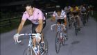 Stephen Roche in the Giro d’Italia leader’s jersey in the Dolomites, climbing during Roche’s first day as race-leader of the race, where Italian fans jeered and even spat at Roche because he’d beaten his own Italian team-mate Roberto Visentin. Photograph: Graham Watson