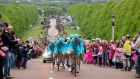 The Astana team make their way up the hill towards Stormont in yesterday’s Giro d’Italia time trial stage in Belfast. Photograph: Morgan Treacy/Inpho