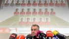  Swiss coach Ottmar Hitzfeld announces his squad for the Fifa World Cup 2014 during a press conference in Zurich. Photograph: Walter Bieri/EPA  