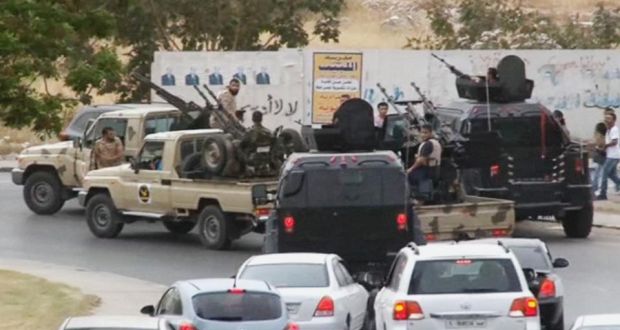 In this image made from video provided by the Libyan national army via AP Television, vehicles with heavy artillery of the Tripoli joint security forces move closer to the parliament building after troops of Gen. Khalifa Hifter targeted Islamist lawmakers. Photograph: AP