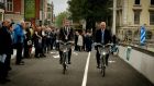 Dublin’s Lord Mayor Oisín Quinn and Rosie Hackett’s nephew John Grey were the first cyclists to cross the  Rosie Hackett Bridge today.  . Photograph: David Sleator/The Irish Times