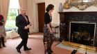 Tánaiste and Minister for Foreign Affairs Eamon Gilmore with Northern Secretary Theresa Villiers in Iveagh House, Dublin, yesterday. Photograph; Dara Mac Dónaill 