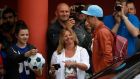 Portugal’s Cristiano Ronaldo (right) arrives at the team hotel  in Obidos, Portugal.  Photograph: Rafael Marchante / Reuters 
