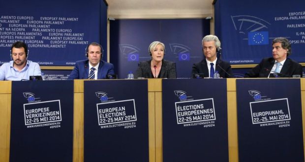 ‘Perhaps they will revert to type, and their Eurotrash Tower of Babel will teeter and collapse.’  From left,  Matteo Salvini,  Harald Vilimsky, Marine Le Pen,  Geert Wilders and  Marcel de Graaff  address a joint news conference at the European Parliament in Brussels this week.  Photograph: François Lenoir/Reuters 