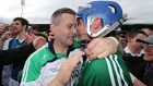Limerick manager TJ Ryan celebrates with Gavin O’Mahony after the win over Tipperary yesterday. Photograph: Cathal Noonan/Inpho.