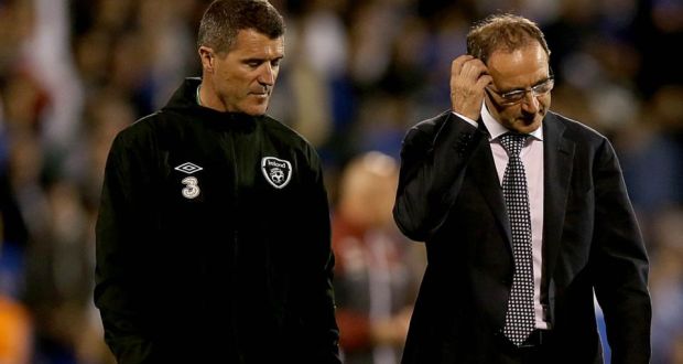 Roy Keane and Martin O’Neill at the end of the game against Italy in Craven Cottage. Photograph: Inpho