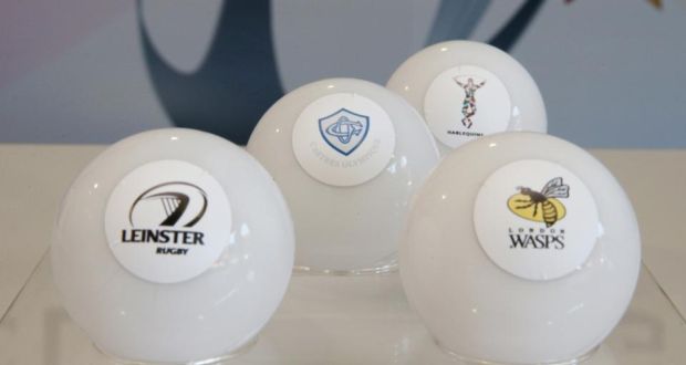 The draw balls shows pool 2 containing Leinster, Castres Olympique, Harlequins and London Wasps after the pool draw for the 2014/2015 European Rugby Champions Cup  in Neuchatel, Switzerland. Photograph:  Philipp Schmidli/Getty Images