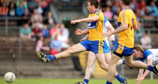 Clare captain Gary Brennan fires home his side’s first goal in the Munster SFC quarter-final replay against Waterford at Fraher Field in Dungarvan. Photograph:   James Crombie/Inpho