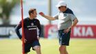 Wayne Rooney talks to England manager Roy Hodgson  during a training session at the Urca military base in Rio de Janeiro on Monday. Photograph:   Richard Heathcote/Getty Images