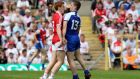 Tyrone’s Peter Harte confronts Monaghan’s  Dermot Malone during the Ulster SFC quarter-final at Clones. Photo: Donall Farmer/Inpho
