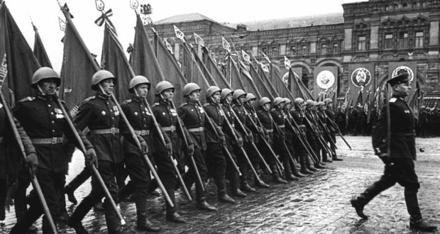 ‘The Bagration campaign, (which started in June 1944) also saw a further hardening of the attitudes between the combatants on the eastern front. The scene was set for the merciless campaigns of 1945, culminating in the brutal battle of Berlin.’ Above, Soviet soldiers marching in  Red Square, Moscow during a victory parade on June 24th, 1945. Photograph: Stringer/AFP/Getty Images