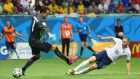  Karim Benzema  scores France’s   fourth goal past Switzerland goalkeeper Diego Benaglio  during the   World Cup Group E match at Arena Fonte Nova  in Salvador. Photograph: Christopher Lee/Getty Images