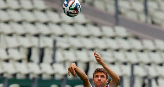  Thomas Müller works on his basketball skills before the Germany squad started  practice at Castelo Stadium in Fortaleza ahead of their World Cup Group G match against Ghana. Photograph: Mike Blake/Reuters 