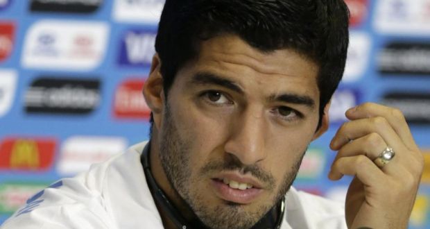 Uruguay striker Luis Suarez during yesterday’s press conference where he criticised the English media.
