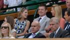 Brian O’Driscoll and his wife Amy Huberman (left) in the Royal Box during men’s semi-finals day on Centre Court  at Wimbledon, with Prince Andrew pictured front right. Photograph:    Anthony Devlin/Pool/PA