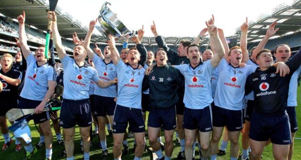 Dublin celebrate in front of their fans on Hill 16 following their victory over Kilkenny in the Allianz National Hurling League final in 2011. Photograph: Lorraine O’Sullivan/Inpho