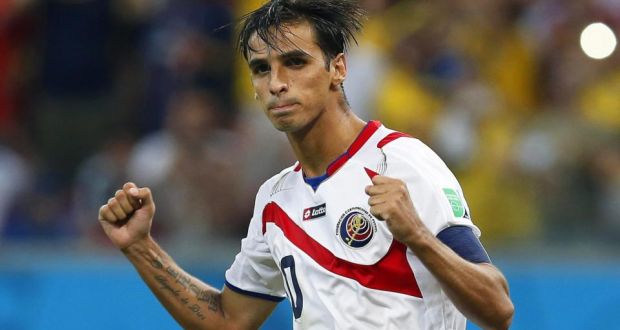 Bryan Ruiz of Costa Rica celebrates after scoring during the penalty shootout against Greece. Photograph: EPA