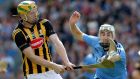 John Power of Kilkenny is challenged by Peter Kelly of Dublin during the Leinster hurling final at Croke Park. Photograph: Inpho