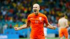 Arjen Robben celebrates after the Netherlands penalty shootout win against Costa Rica, which set up a semi-final against Argentina. Photograph: Sergio Moraes/Reuters