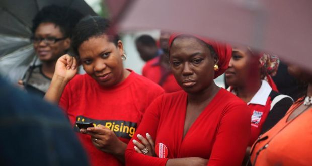 Campaigners wearing red attend a speak-out session for the “Bring Back Our Girls” campaign near Nigeria’s Lagos Marina. Photograph: Reuters/Akintunde Akinleye