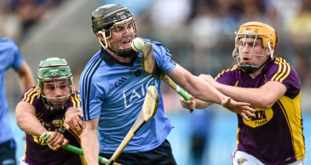 Dublin’s Donal Gormley  is put under pressure by Wexford’s Conor Devitt (left) and Rhys Clarke at Parnell Park, Dublin, during the Leinster Under-21 hurling final. Photograph: Sportsfile