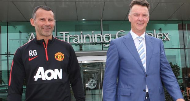 New Manchester United manager Louis van Gaal and  assistant manager Ryan Giggs  at the club’s  Carrington training complex yesterday. Photograph:  John Peters/Man Utd via Getty Images