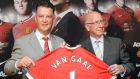 Manchester United manager Louis van Gaal and club ambassador Bobby Charlton during a photocall at Old Trafford, Manchester. Photograph:  Martin Rickett / PA Wire
