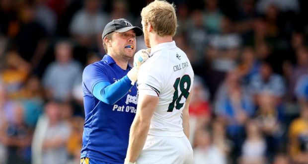 Clare’s goalkeeper Joe Hayes confronts Tomas O’Connor of Kildare at Cusack Park. Photograph: James Crombie/Inpho