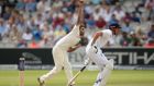 India’s Bhuvneshwar Kumar (left) bowls as England’s captain Alastair Cook looks on during the second cricket test match at Lord’s cricket ground in London July 20, 2014. Photograph: Philip Brown/Reuters