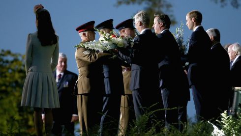 Catherine, Duchess of Cambridge (left) , King Philippe of Belgium, British prime minister David Cameron and Prince William, Duke of Cambridge pay their respects at St Symphorien Military Cemetery in Mons, Belgium. Photograph: Chris Jackson/Getty Images
