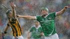 Kilkenny’s JJ Delaney battles with Limerick’s Shane Dowling in the difficult conditions at Croke Park. Photo: Donall Farmer/Inpho