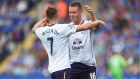Aidan McGeady (left) of Everton celebrates his goal with James McCarthy  at the King Power Stadium. Photograph:  Michael Regan/Getty Images