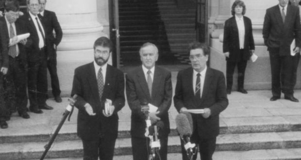 September 7th, 1994:  Gerry Adams, Albert Reynolds and John Hume after their meeting in Government Buildings in Dublin to discuss a ceasefire in Northern Ireland. Photograph: Matt Kavanagh/The Irish Times. 