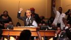 The Rev Al Sharpton delivers the eulogy during funeral services for Michael Brown at the Friendly Temple Missionary Baptist Church, St Louis, Missouri, USA last night. Photograph: EPA 